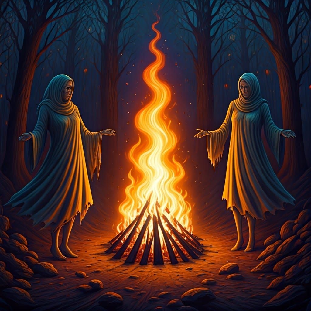 Ethereal Samhain Bonfire with Dancing Ghosts in Fantasy Styl...