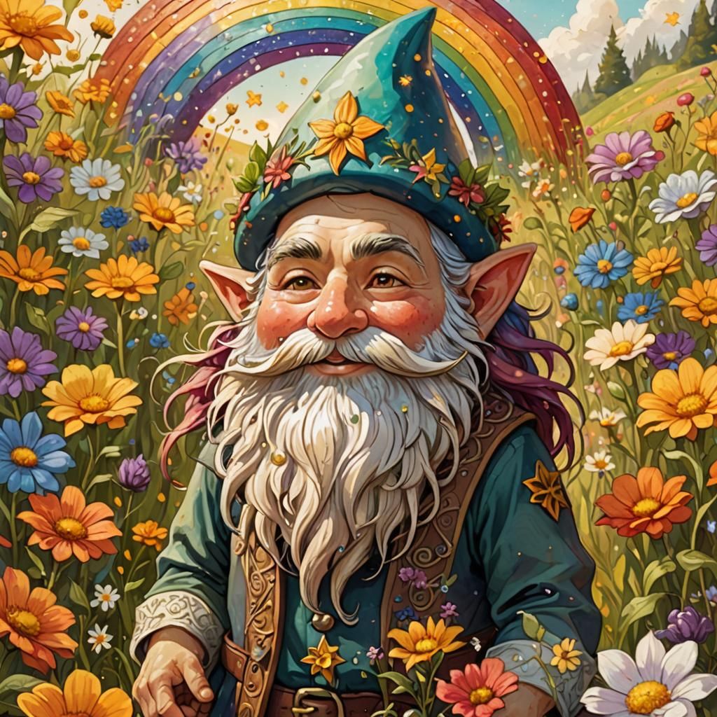 Whimsical Gnome in Field of Flowers