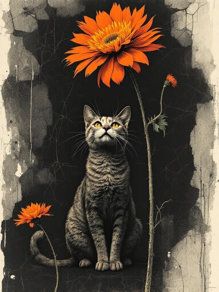 Cat Under Flower in Vintage Newspaper Print Style