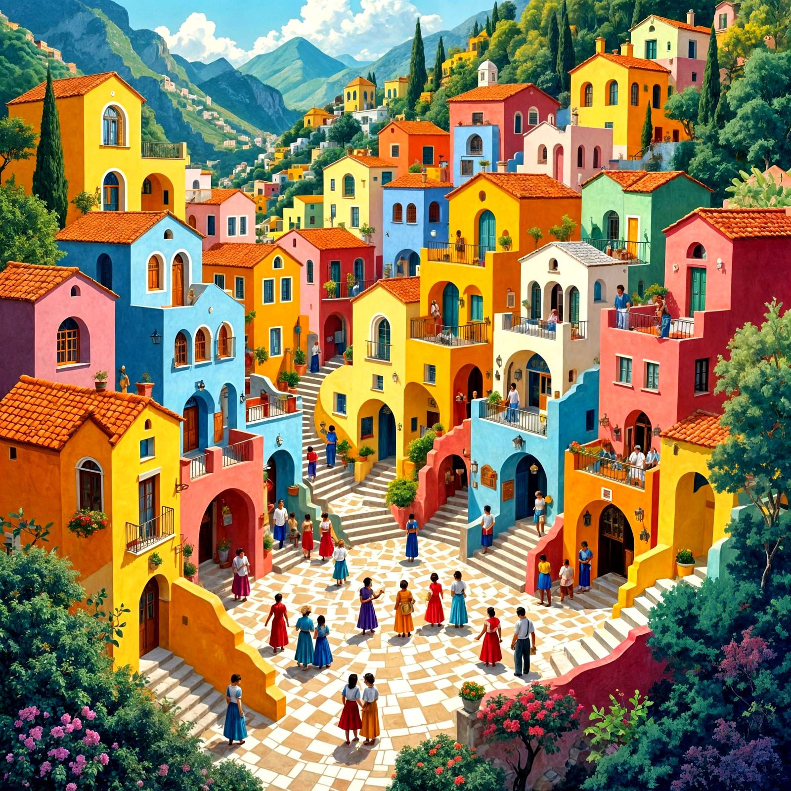 Escher-Inspired Village Scene in Colorful Positano Style