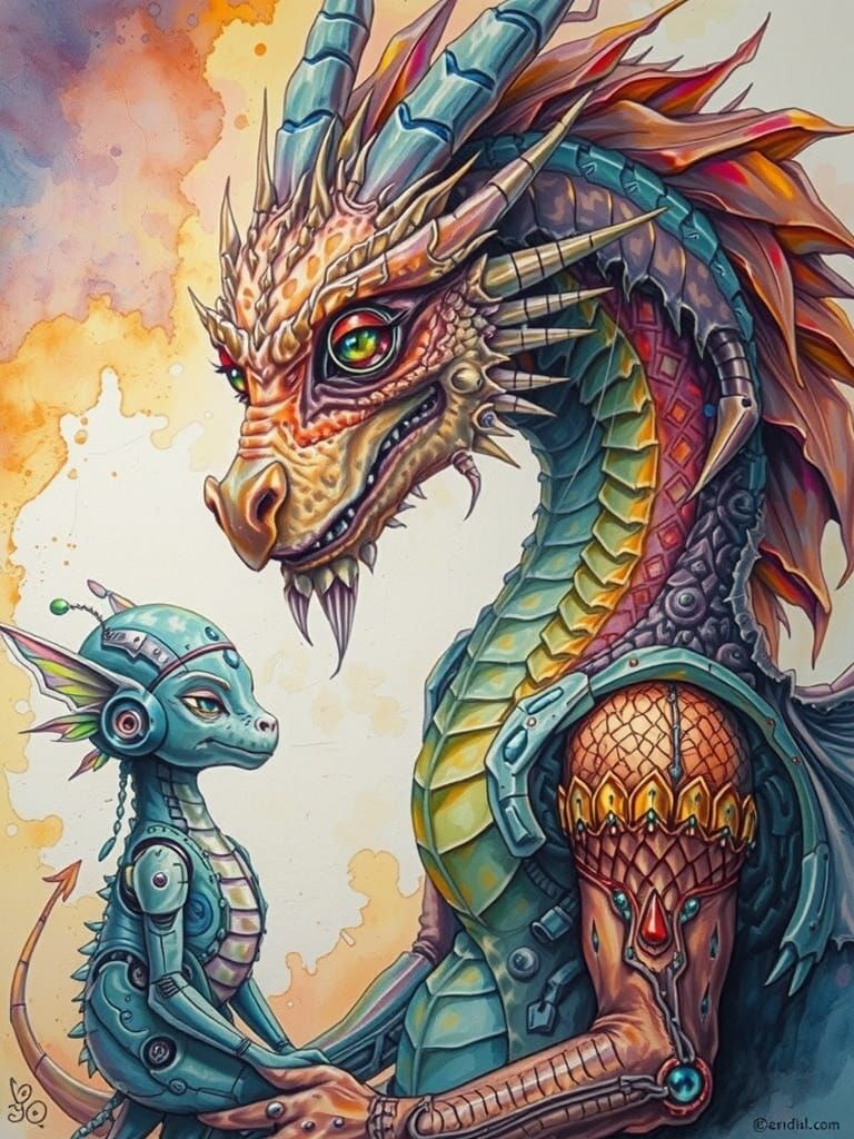 Dragon and Robot Fairy Friends Sketch Art