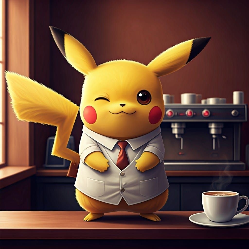Pikachu in Barista Attire Sips Coffee