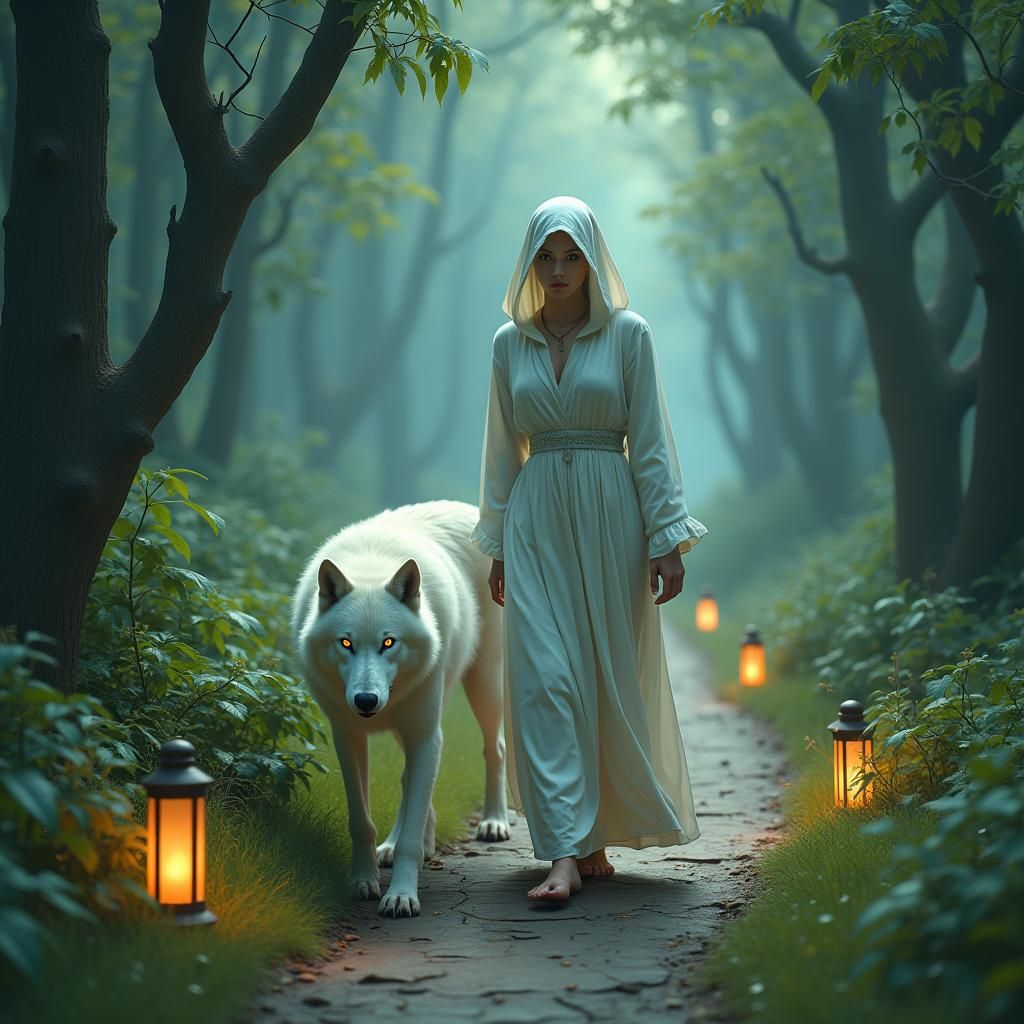 Woman and Wolf Walking a Mystical Path
