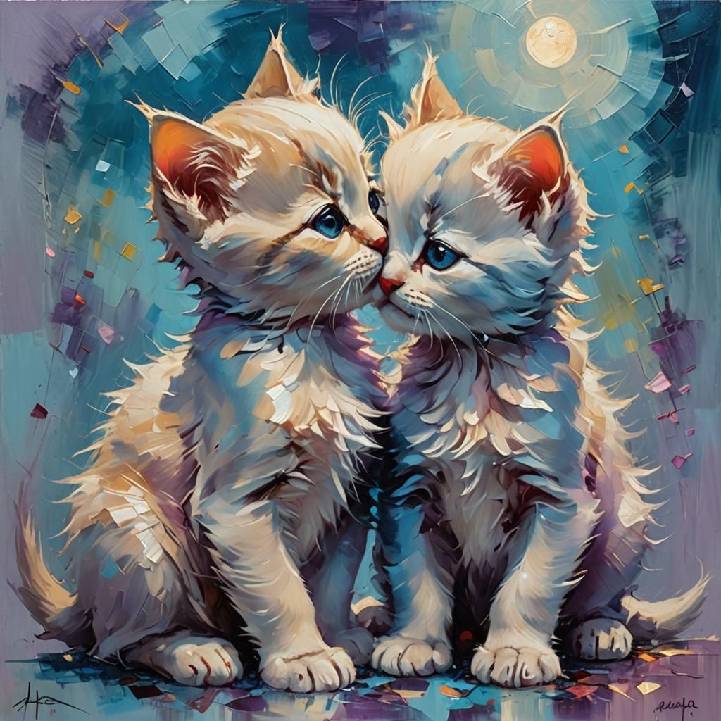Kittens Kissing in Moonlit Oil Painting