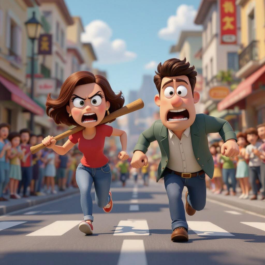 Comedic 3D Render: Wife Chases Scared Husband with Stick