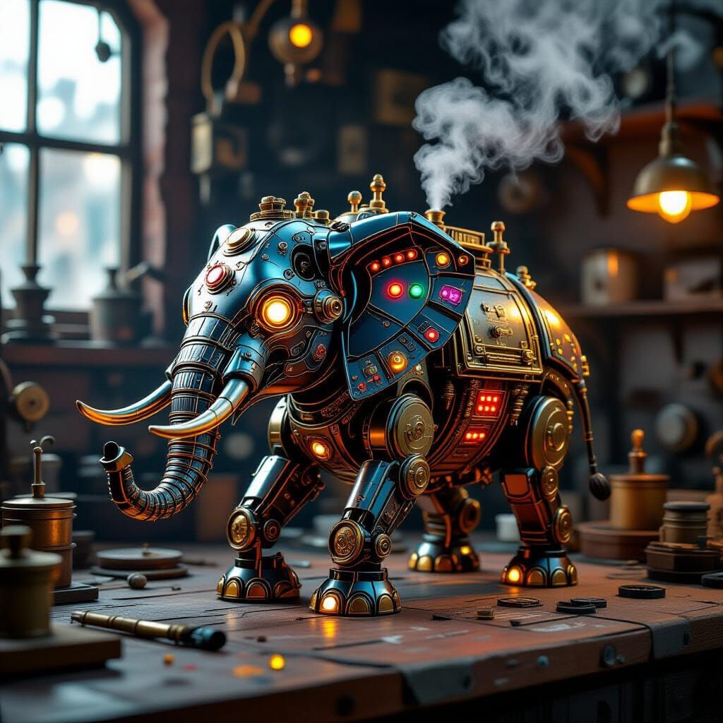 Steampunk Mechanical Elephant on Tinkerer's Workbench