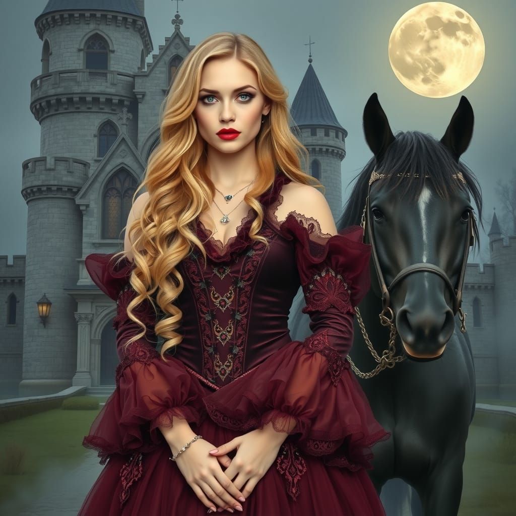 Ethereal Gothic Beauty in Velvet Robes Stands Before Her Cas...