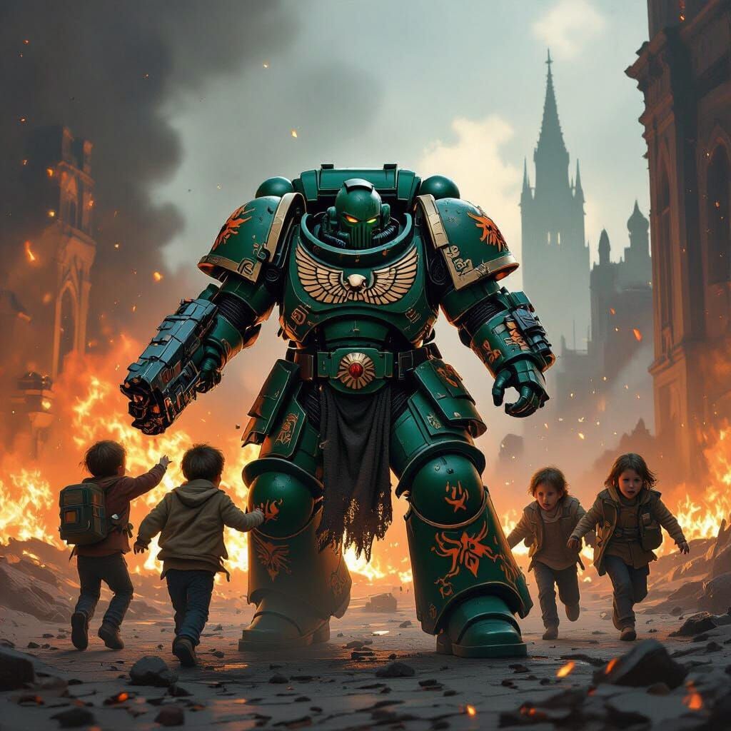 Space Marine Saves Children From Burning City