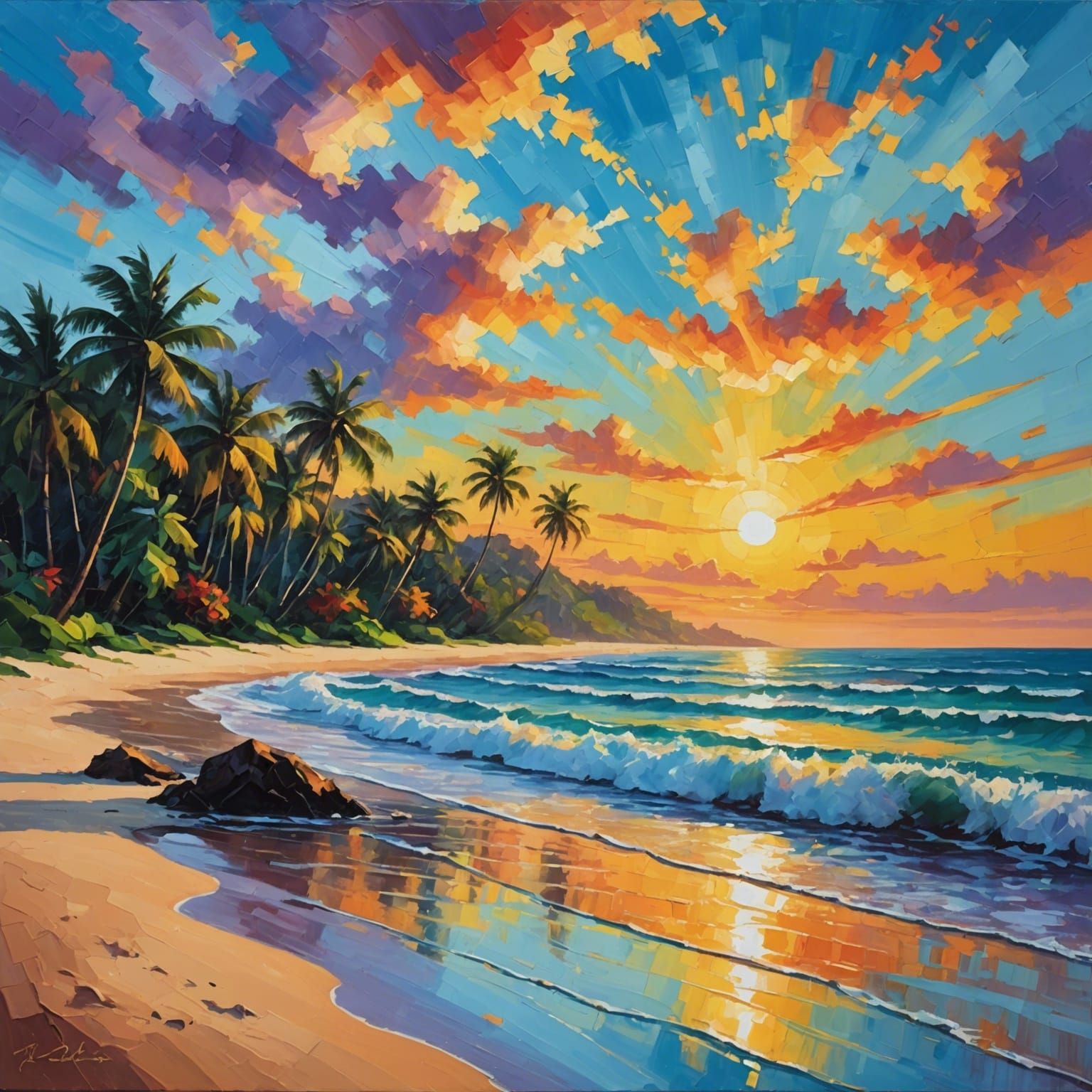 Tropical Beach Sunrise in Expressionist Oil Painting