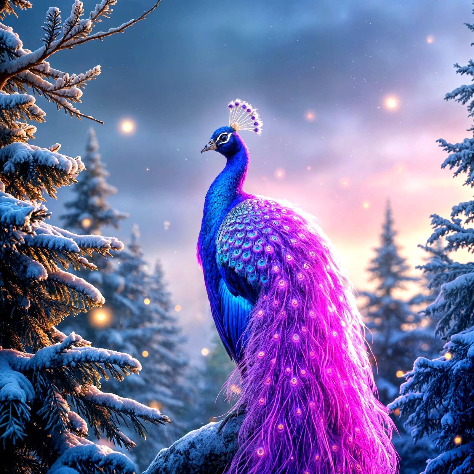 Majestic Peacock in Neon Winter Wonderland