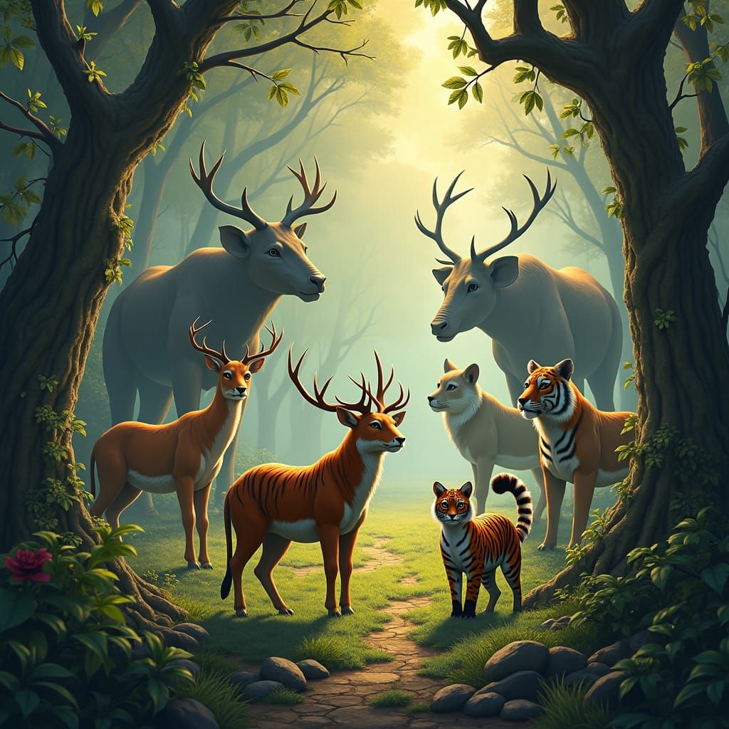Indian Wildlife Coexistence in Mystical Forest: Concept Art