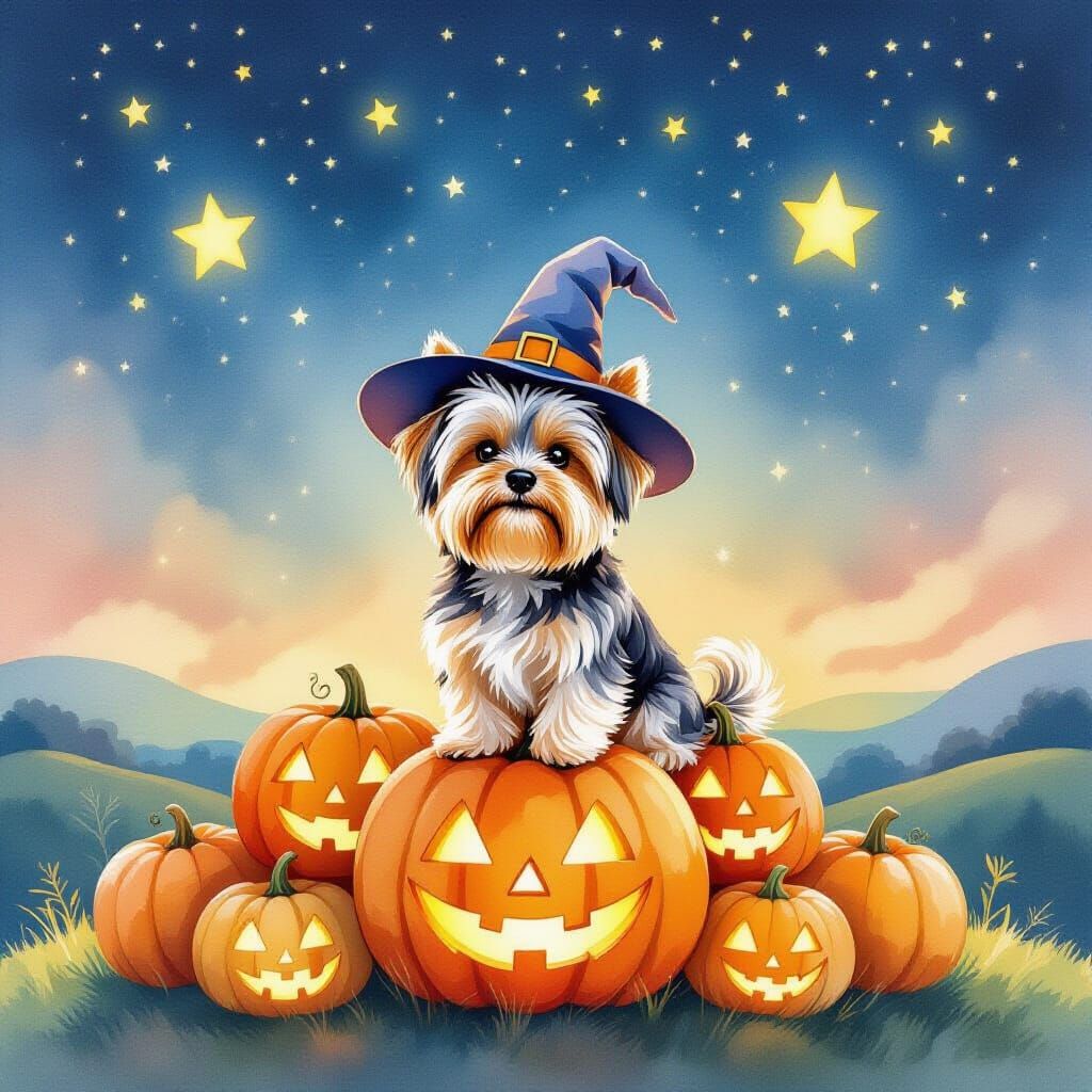 Fluffy Yorkie Wizard Hat on Glowing Pumpkins Under Starry Sk...
