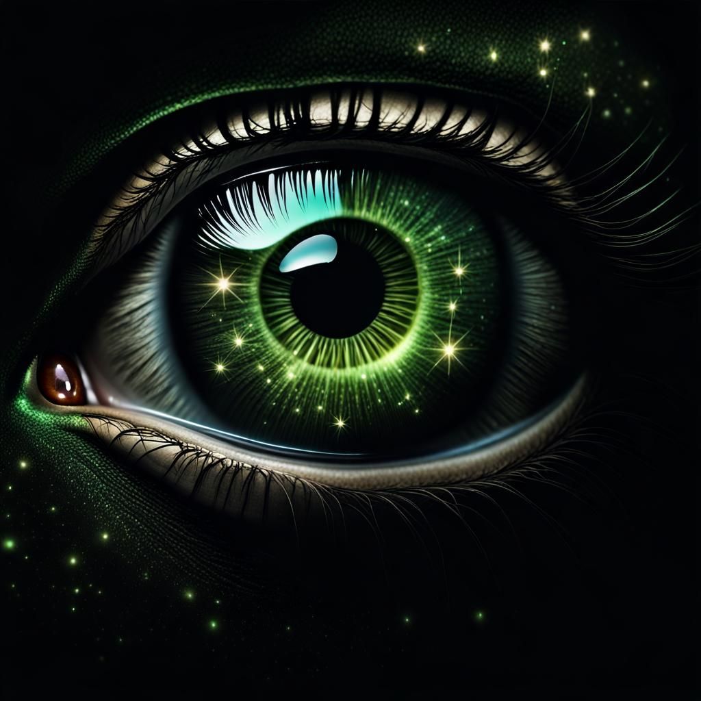 Green Eye Digital Art with Glittering Stars