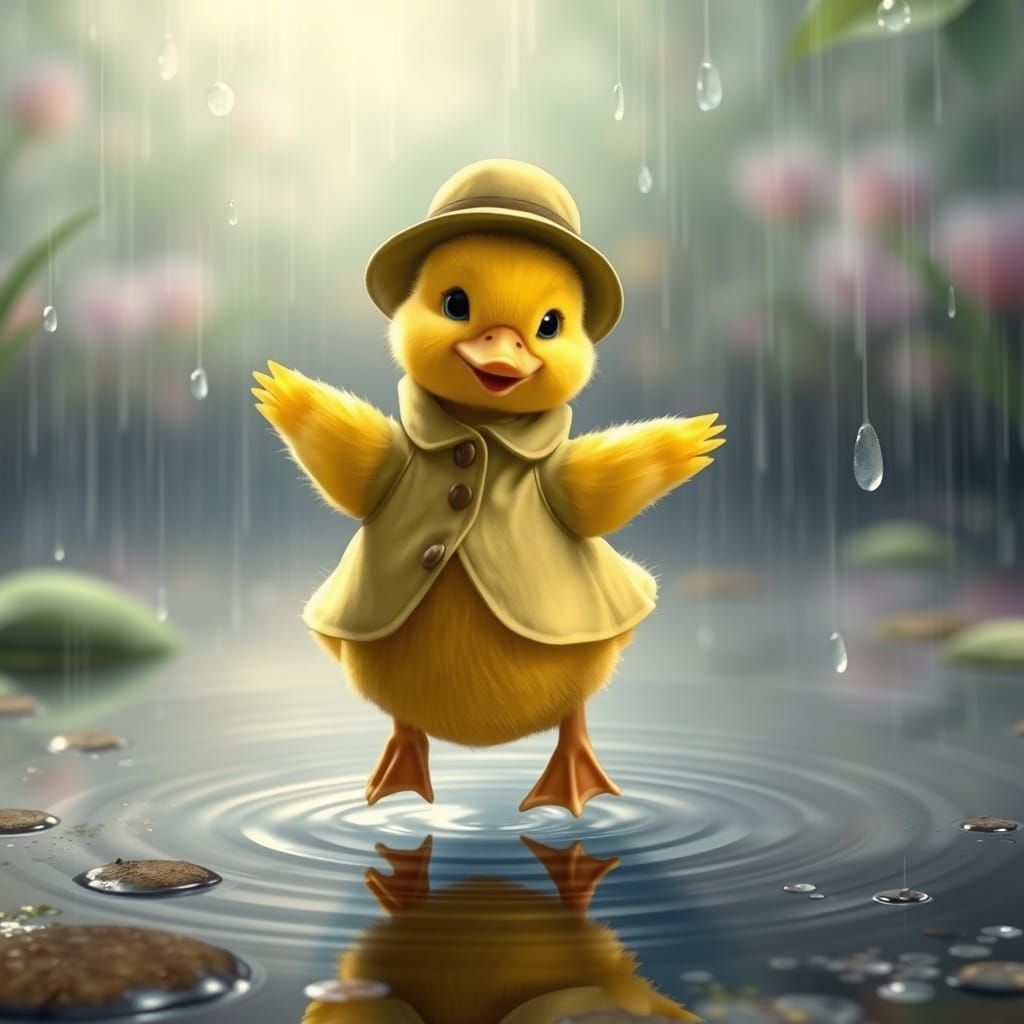 Dancing Duckling in Rainy Pond, Whimsical Illustration