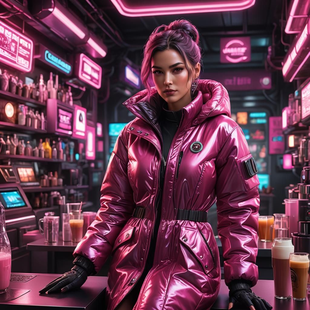 Cyberpunk Woman in Pink Jacket at Coffee Bar