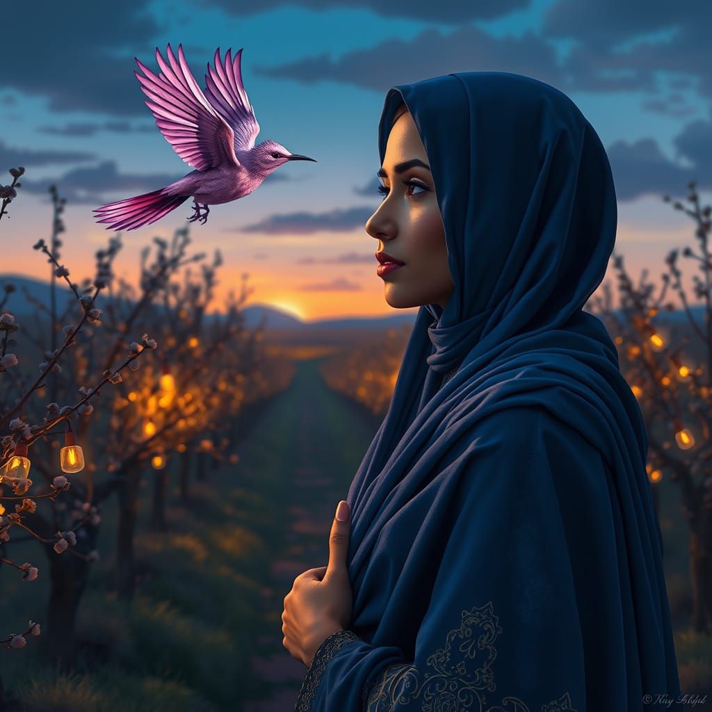 Twilight Orchard: North African Woman with Songbird