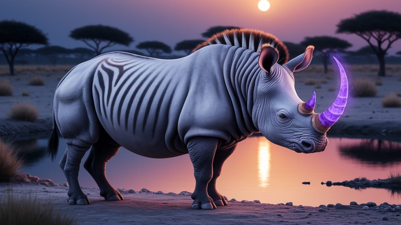 Amethyst Horned Rhino-Zebra Hybrid on African Plains