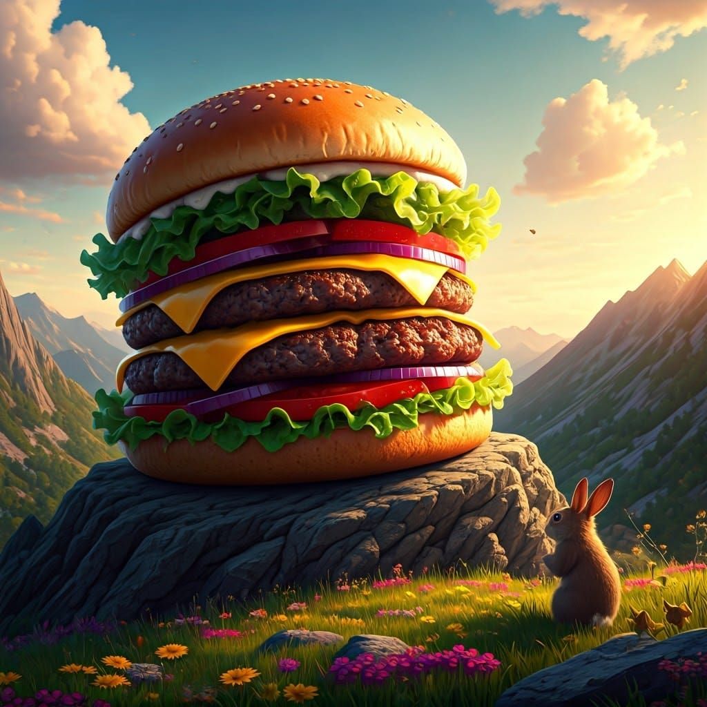 Gigantic Burger on Mountain Peak at Sunset