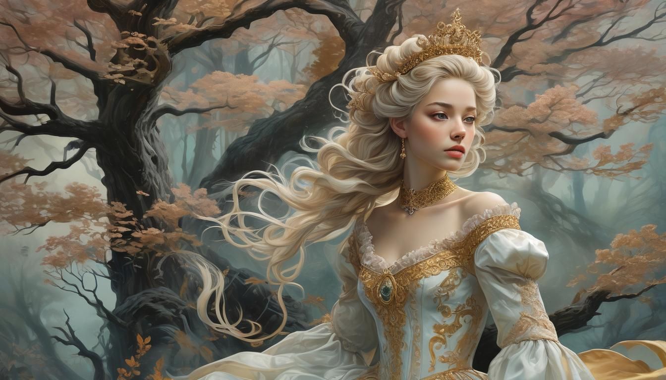 Mystical Princess Portrait in Surreal Gouache Painting