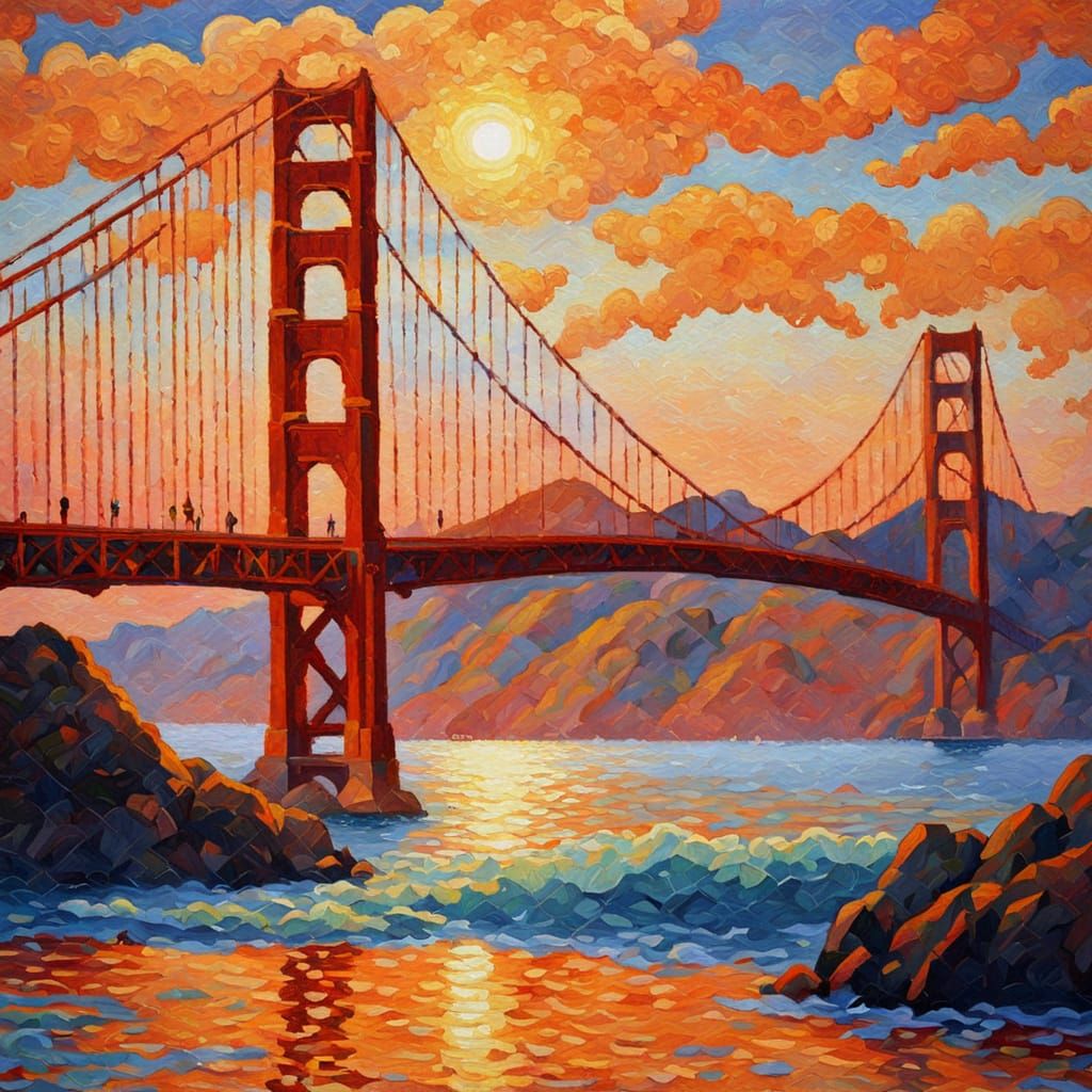 Golden Gate Bridge Sunset in Neo-Impressionist Style