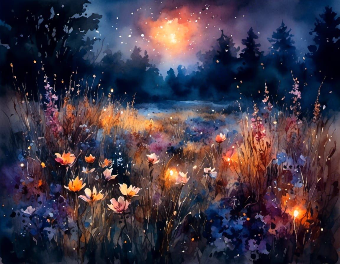 Mystic Bioluminescent Flower Field with Flying Sparks