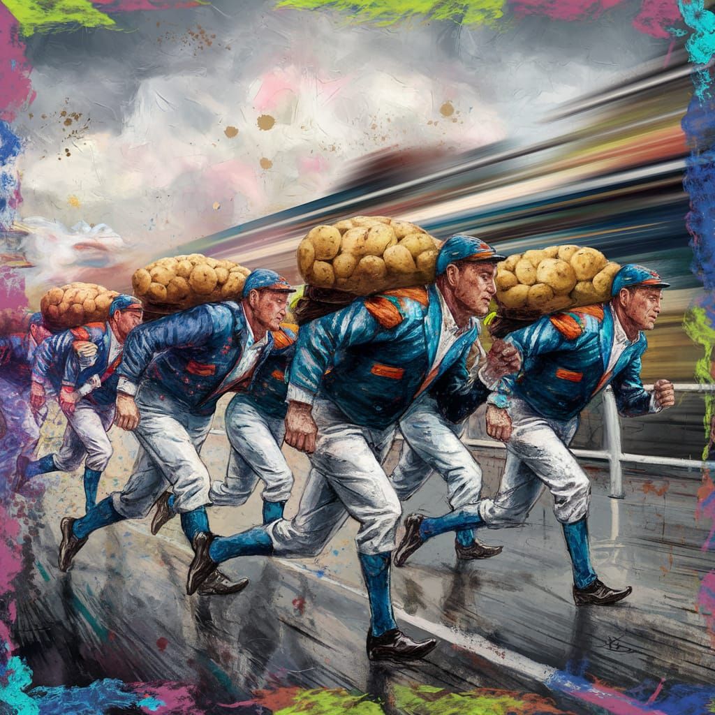 Surreal Potato Sack Race in Mixed Media Style
