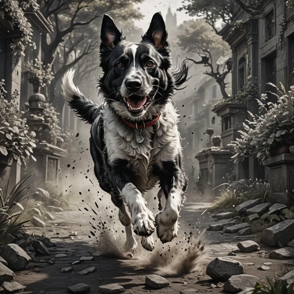 Detailed Pencil Portrait of a Running Dog