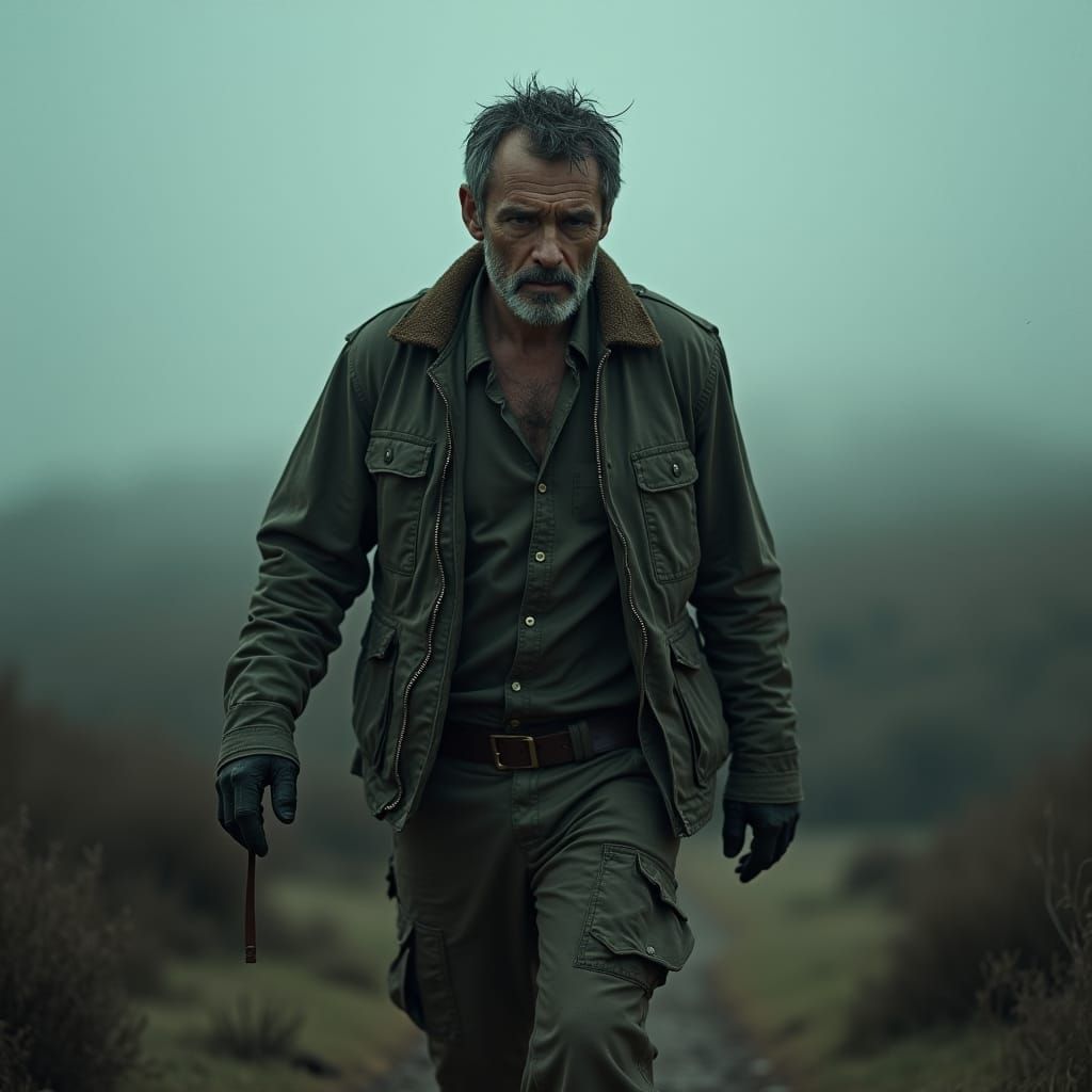 Dramatic Cinematic Film Still of Man Facing Doom