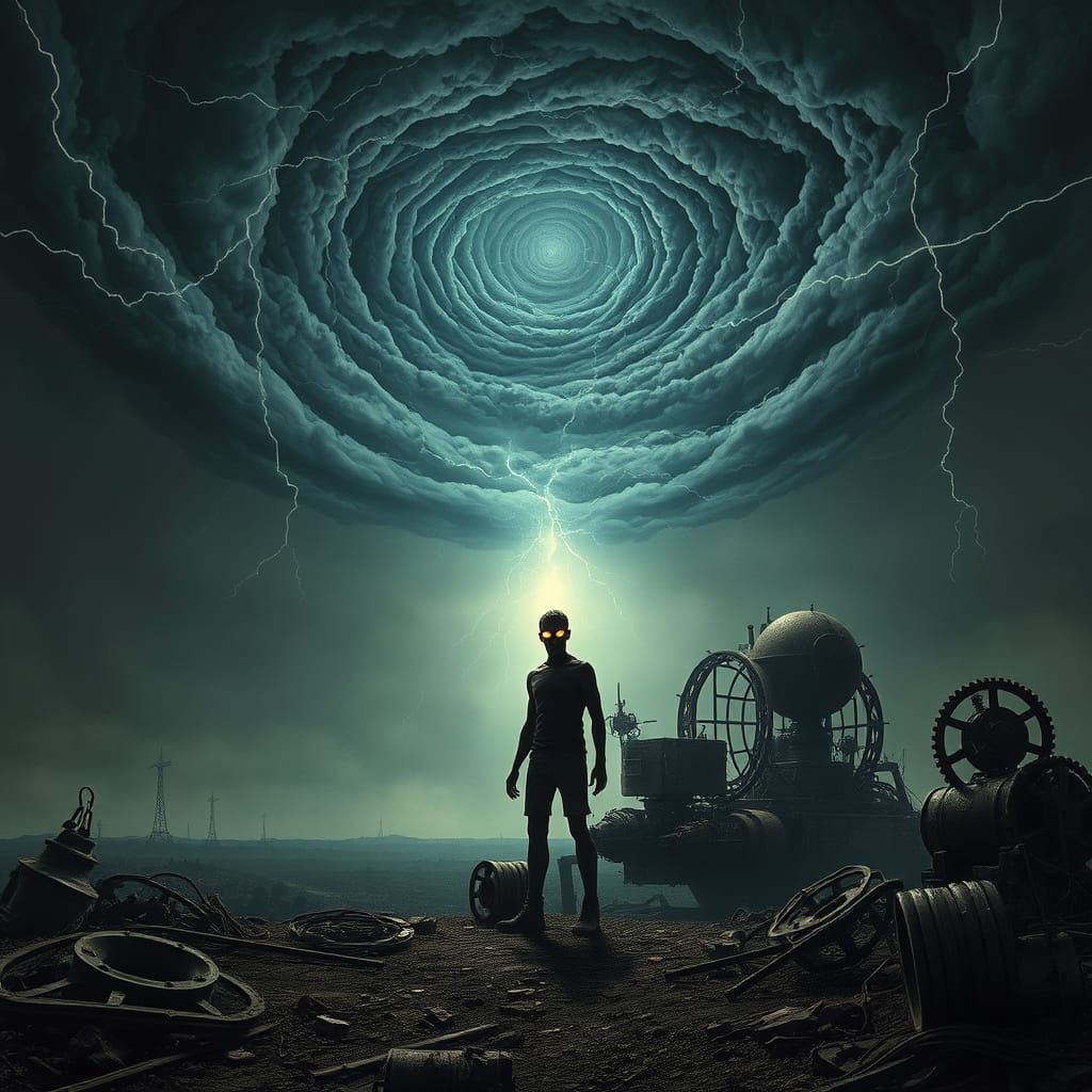 Surreal Post-Apocalyptic Figure in Desolate Landscape