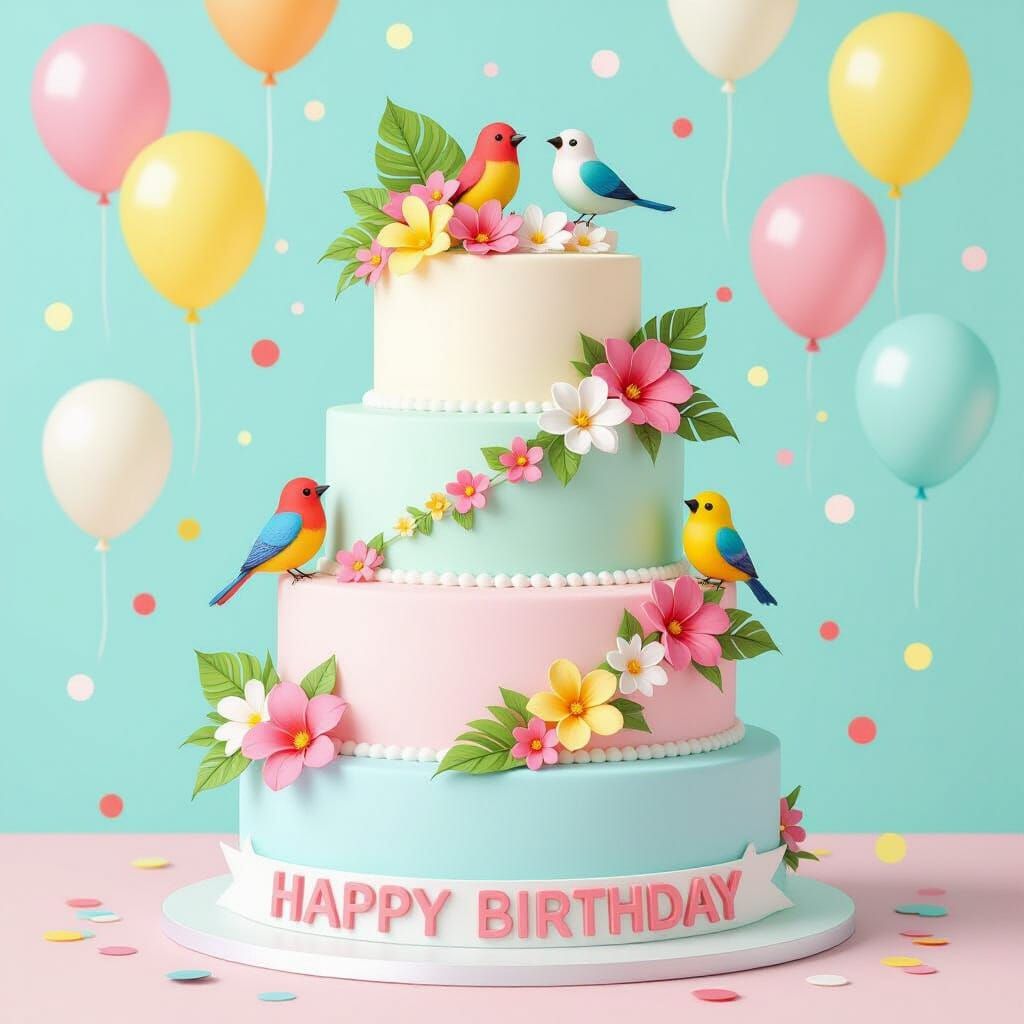 Colorful Birthday Cake with Birds, in Playful Style
