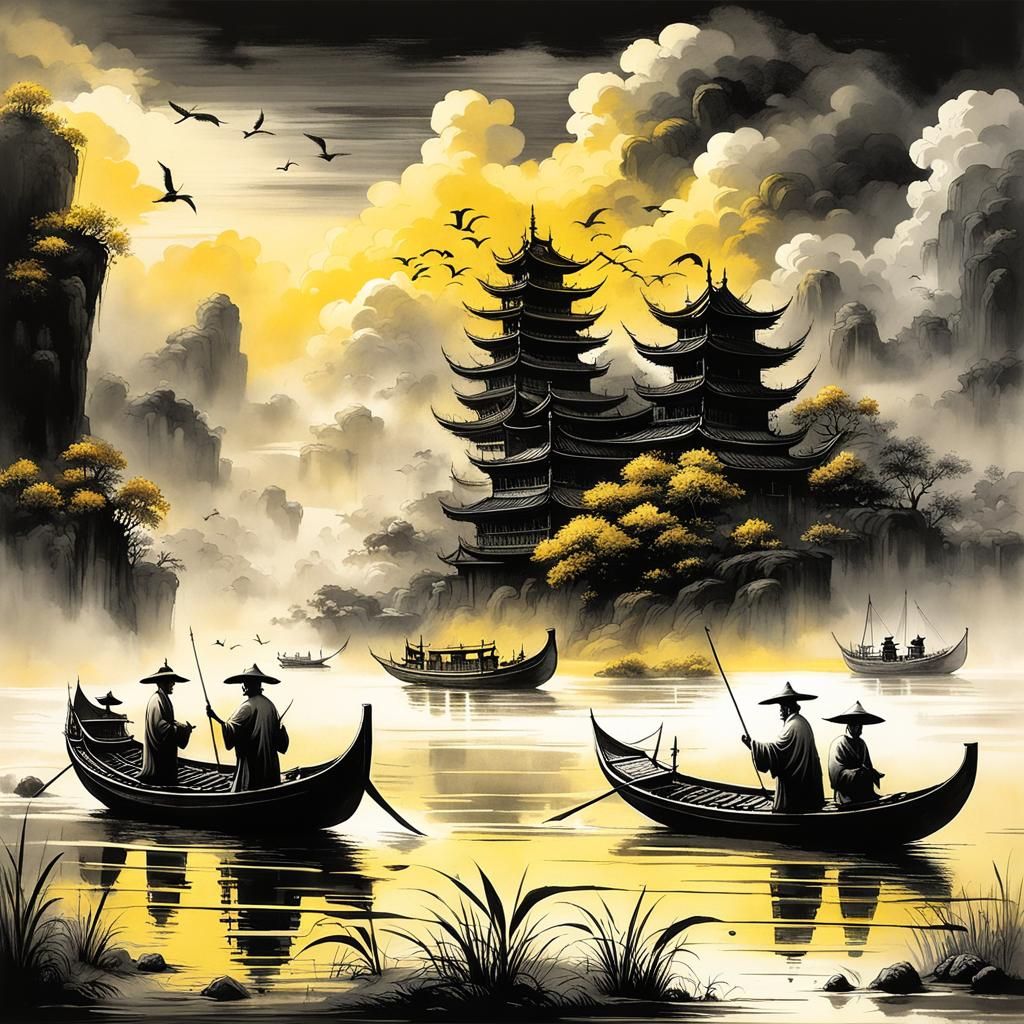 Fishermen on Yellow River in Ink Wash Style