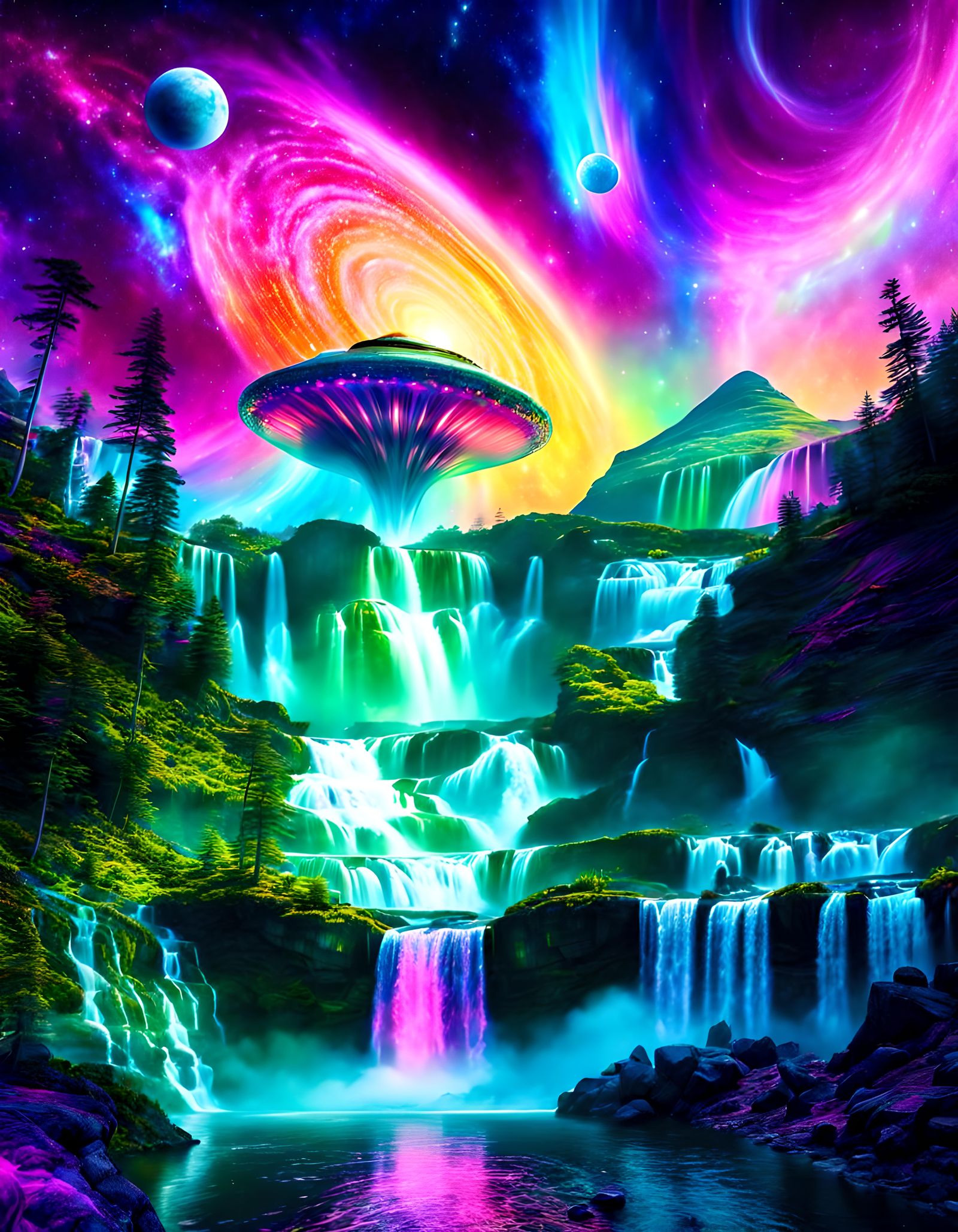 Surreal Alien Landscape with Cosmic Aurora Waterfalls