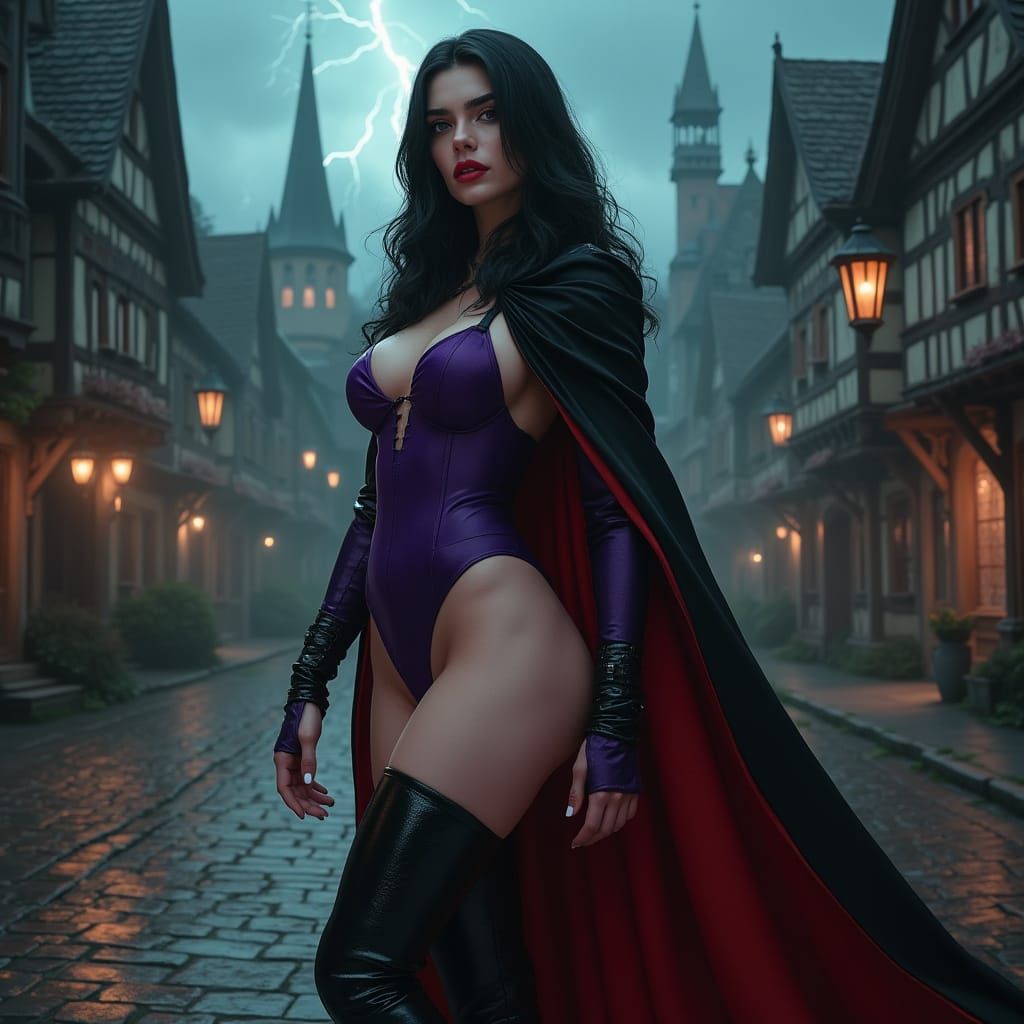Dark Haired Vampire in Medieval Town Square