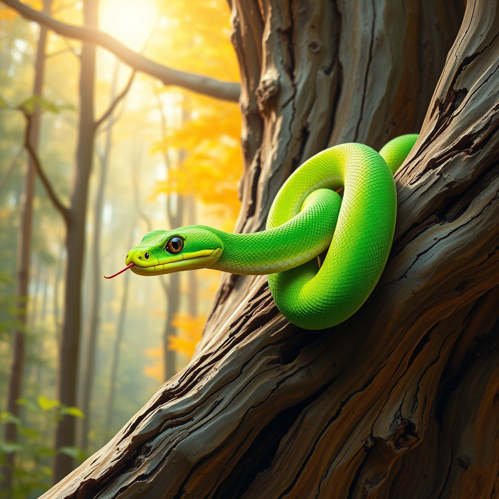 Green Tree Snake Coiled on Branch in Fauvist Style