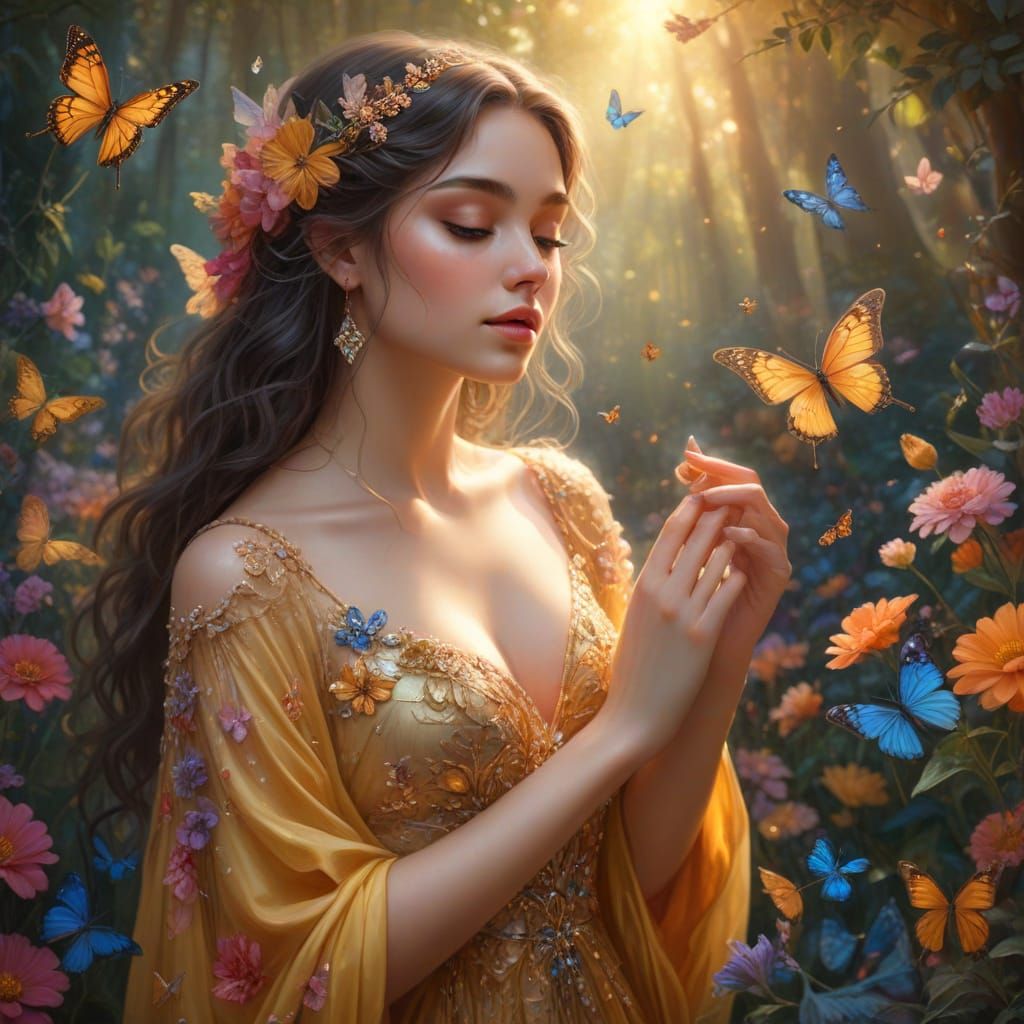 Ethereal woman in a dress of vibrant flowers. Crystals and d...