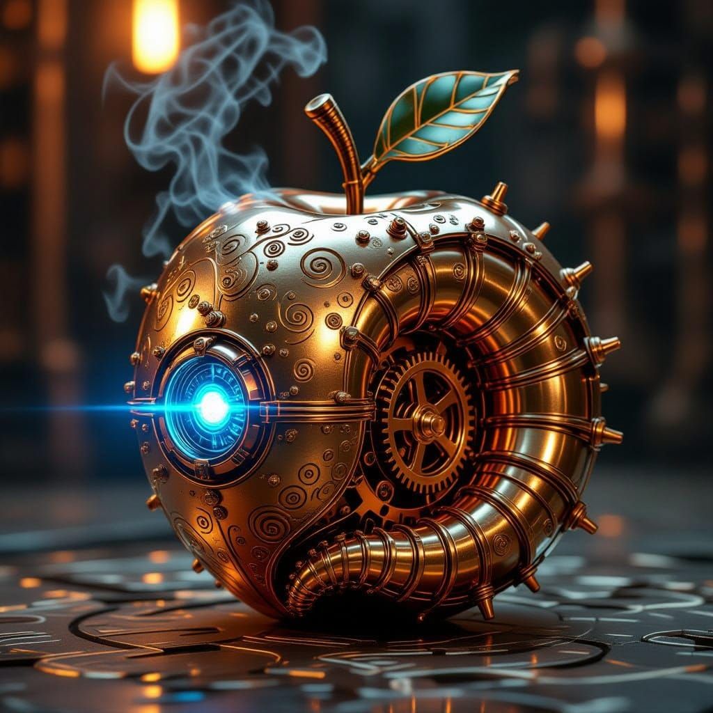 Steampunk Worm Emerges from Gear-Encrusted Apple in Golden L...