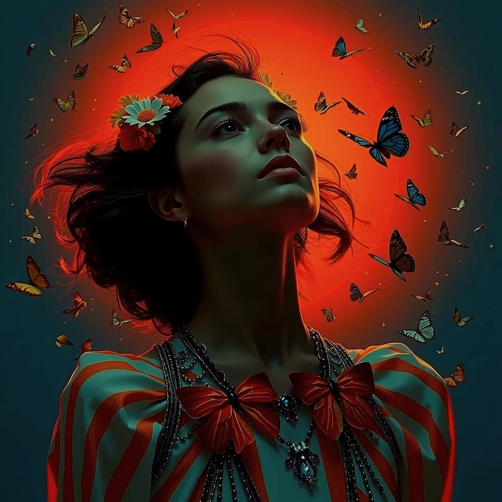 Radiant Woman in Citrus Light Gown with Butterflies