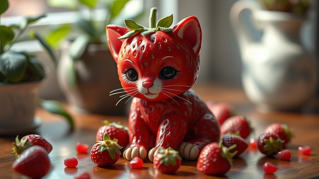 Surreal Strawberry Kitten Sculpture in Whimsical Hyper-Reali...