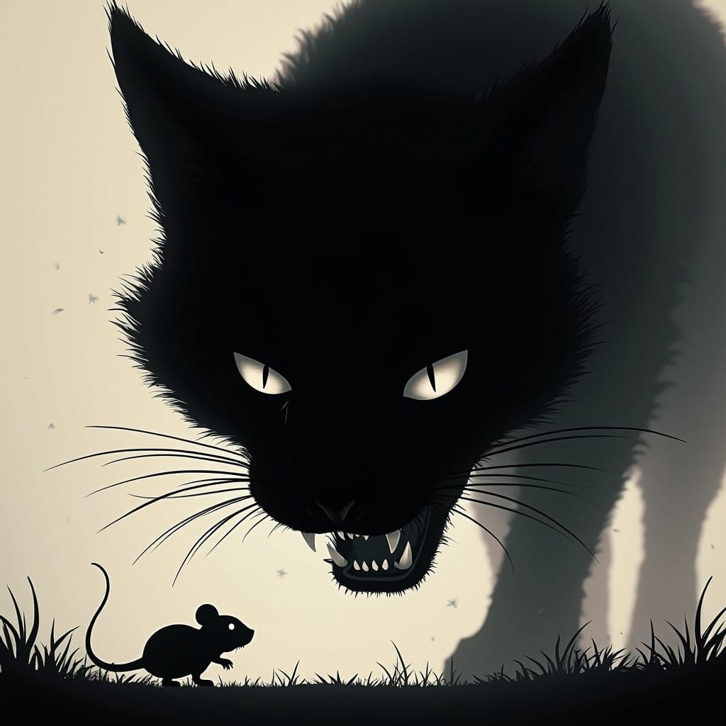 Menacing Feline Silhouette with Tiny Cowering Mouse