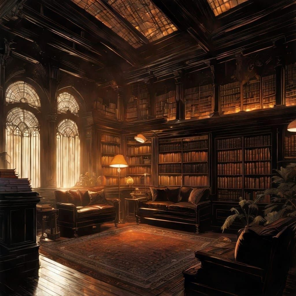 Haunted Library with Cozy, Warm Lighting