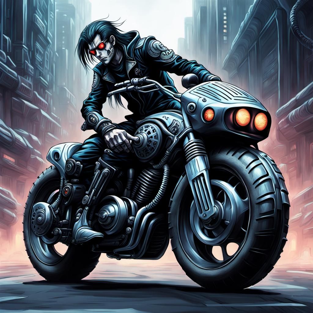 Cyberpunk Goth Rider on Biomechanical Motorcycle