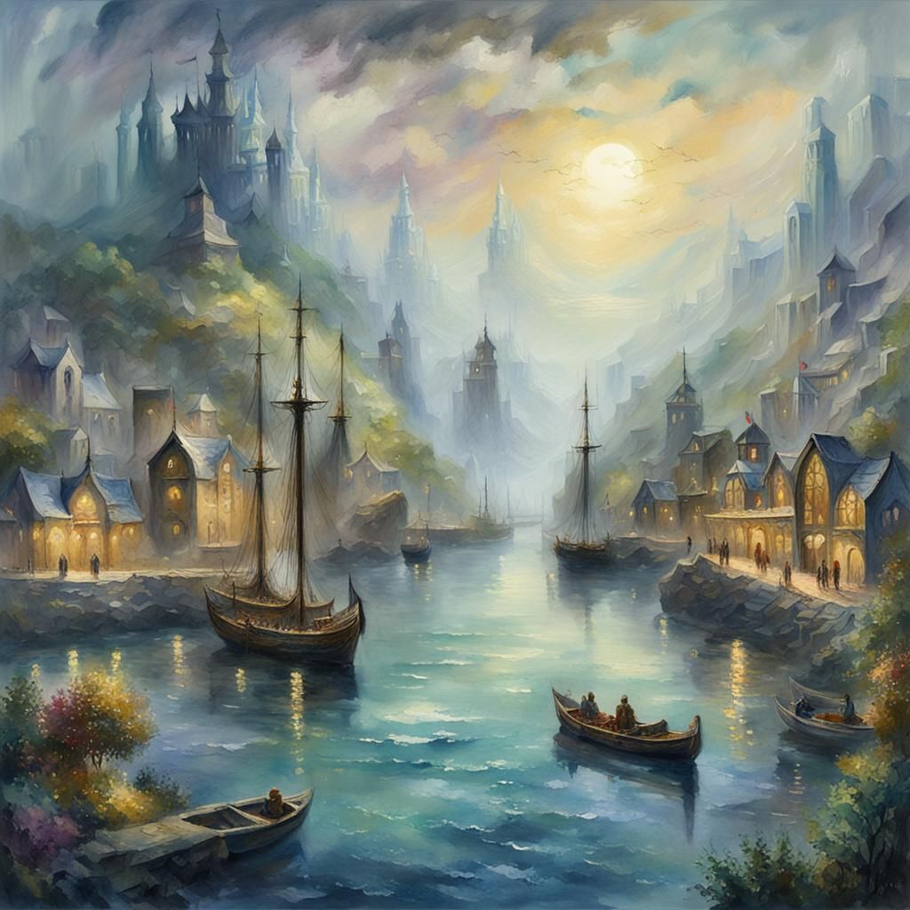 Elvish Harbor in Impressionist Gouache Style