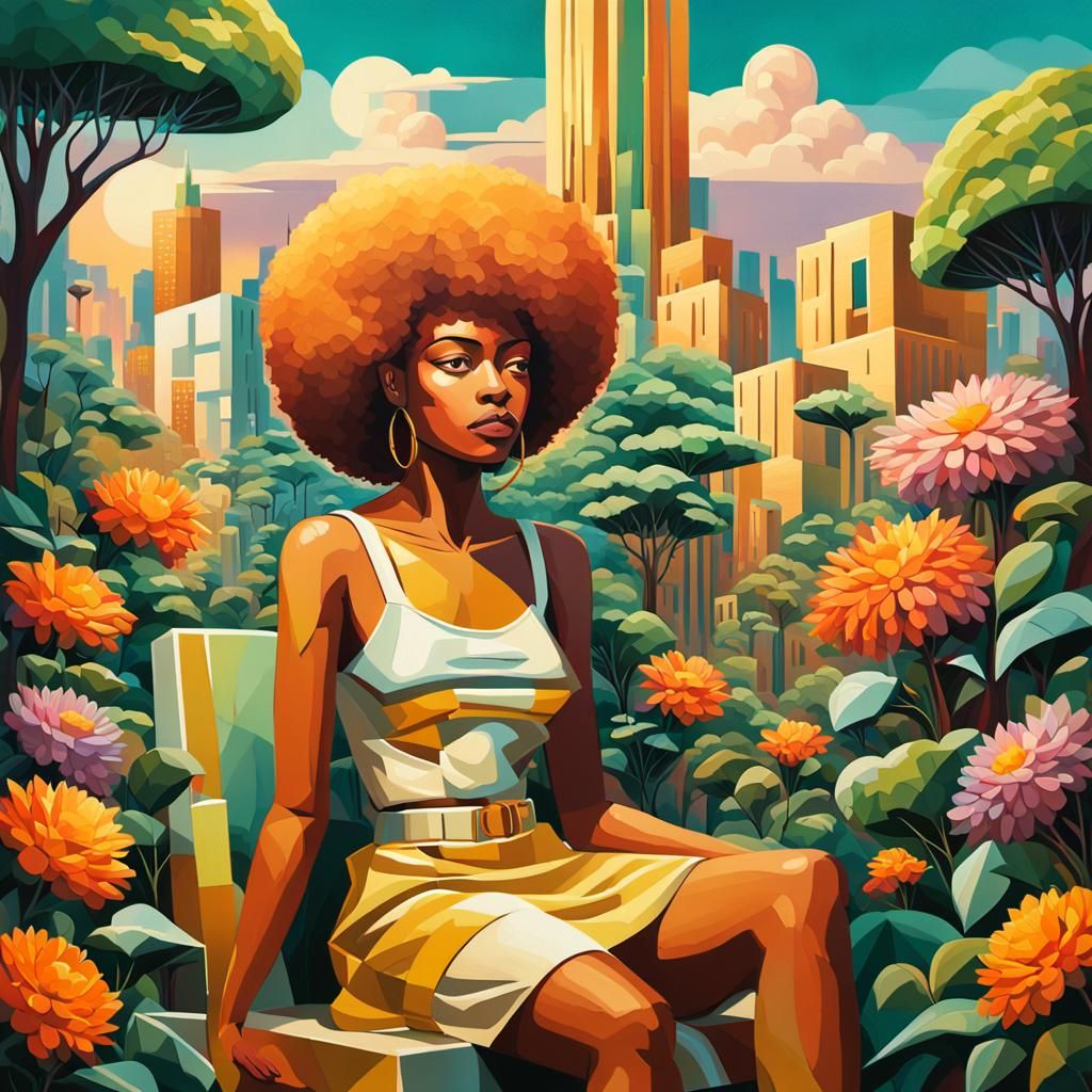 Cubist Queen in Futuristic Fantasy Scene