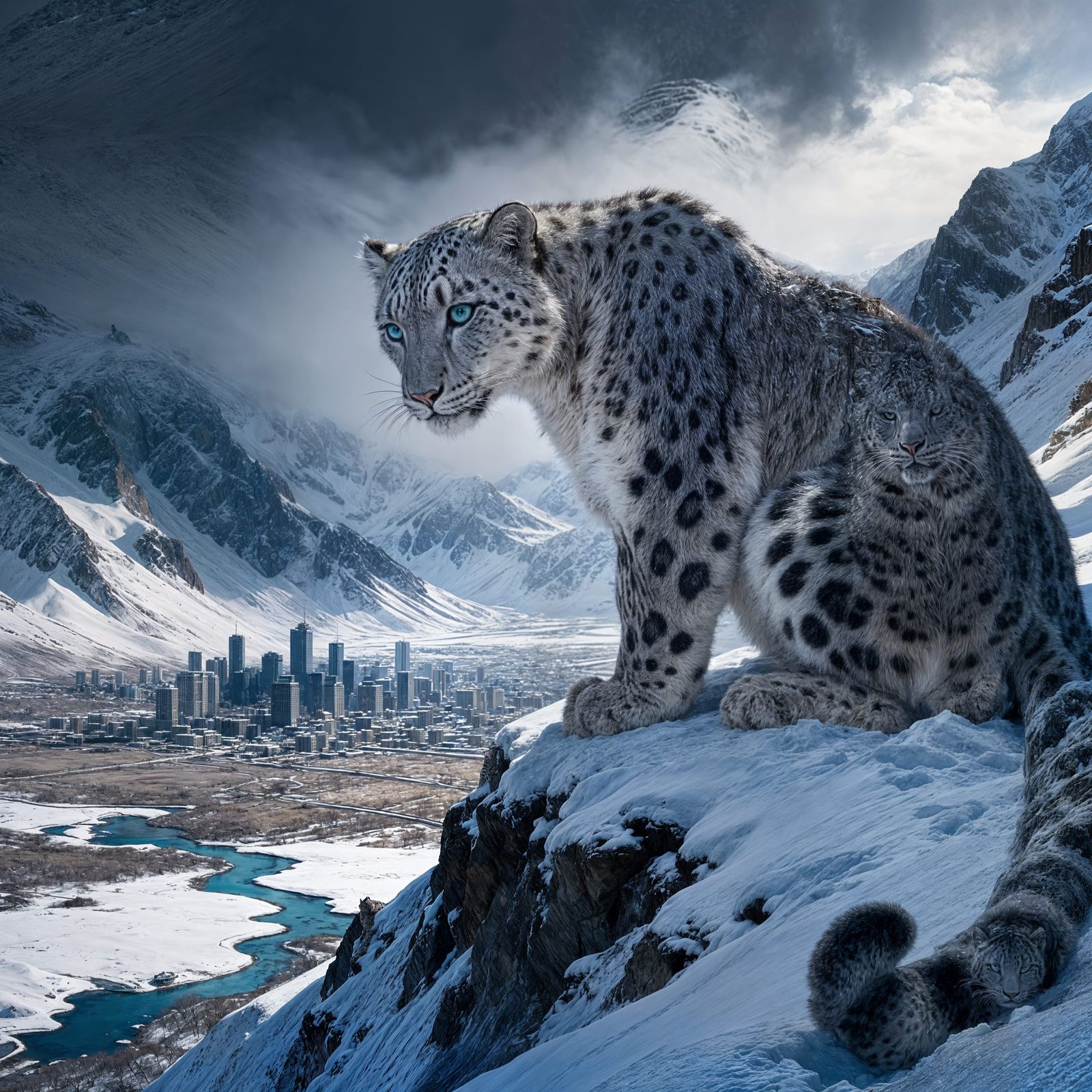 Snow Leopard Overlooks Melting Mountainside