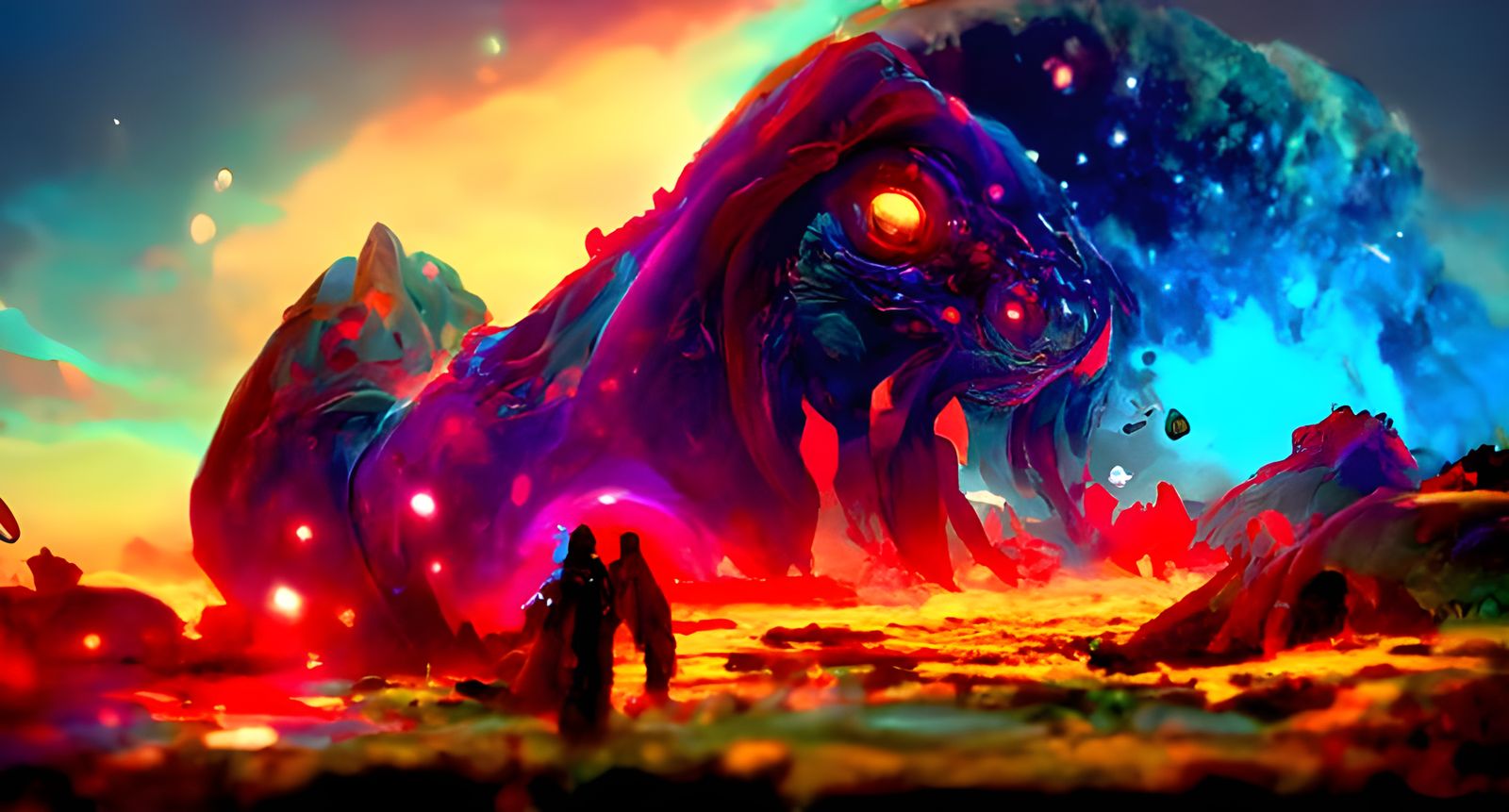 Cosmic Giant Creature in Astral Geometric Landscape