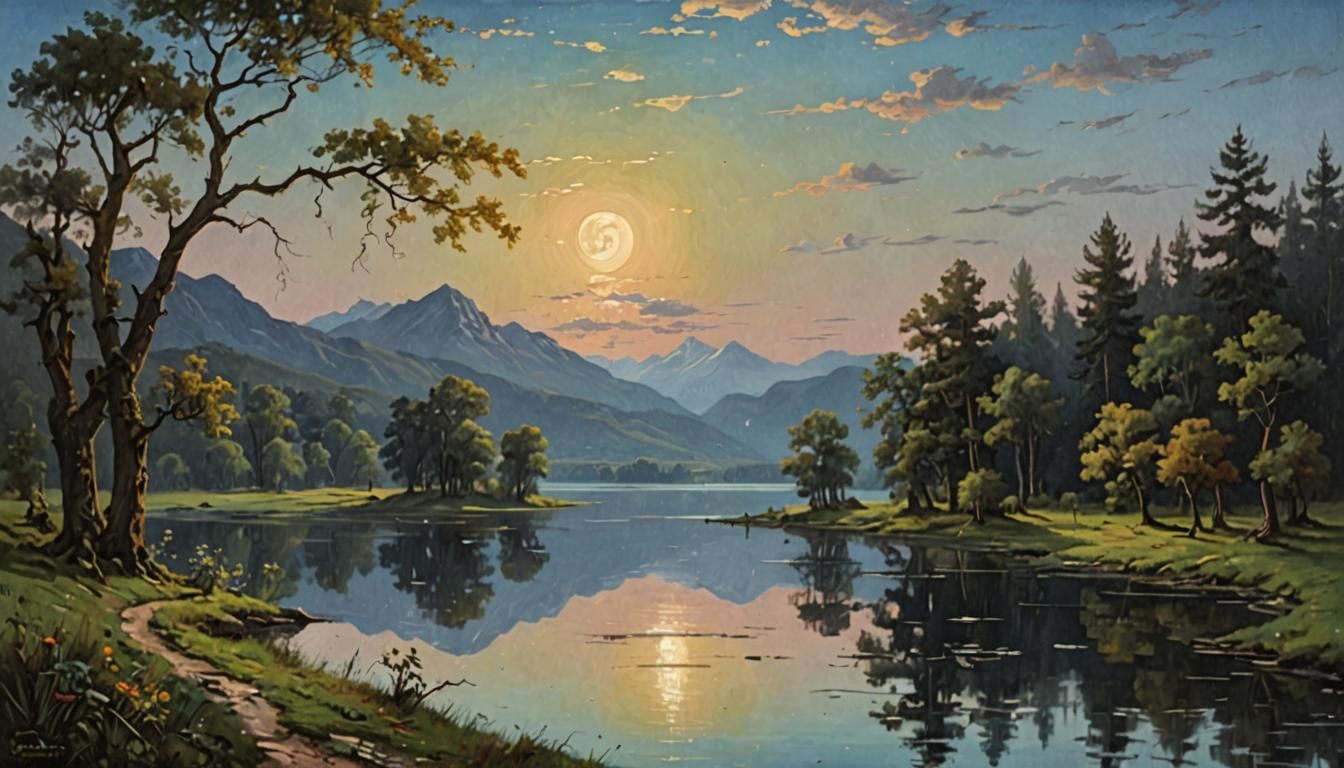 Rococo Evening Landscape with Lake and Moon