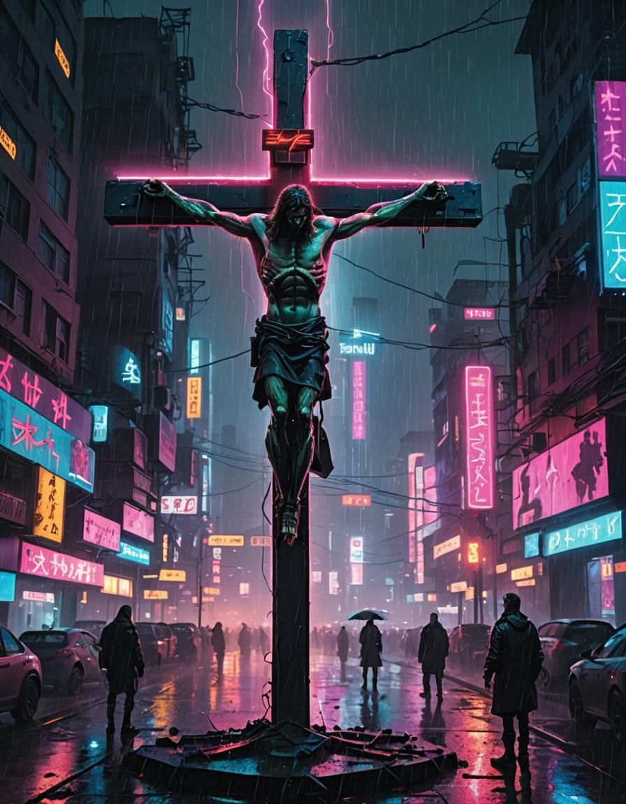 Cyberpunk Crucifixion with Neon Cross in Rainy City