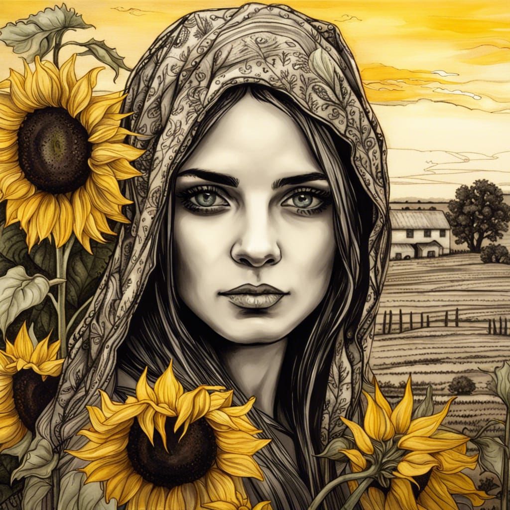 Beautiful Woman in Sunflower Field, Historic Art Style