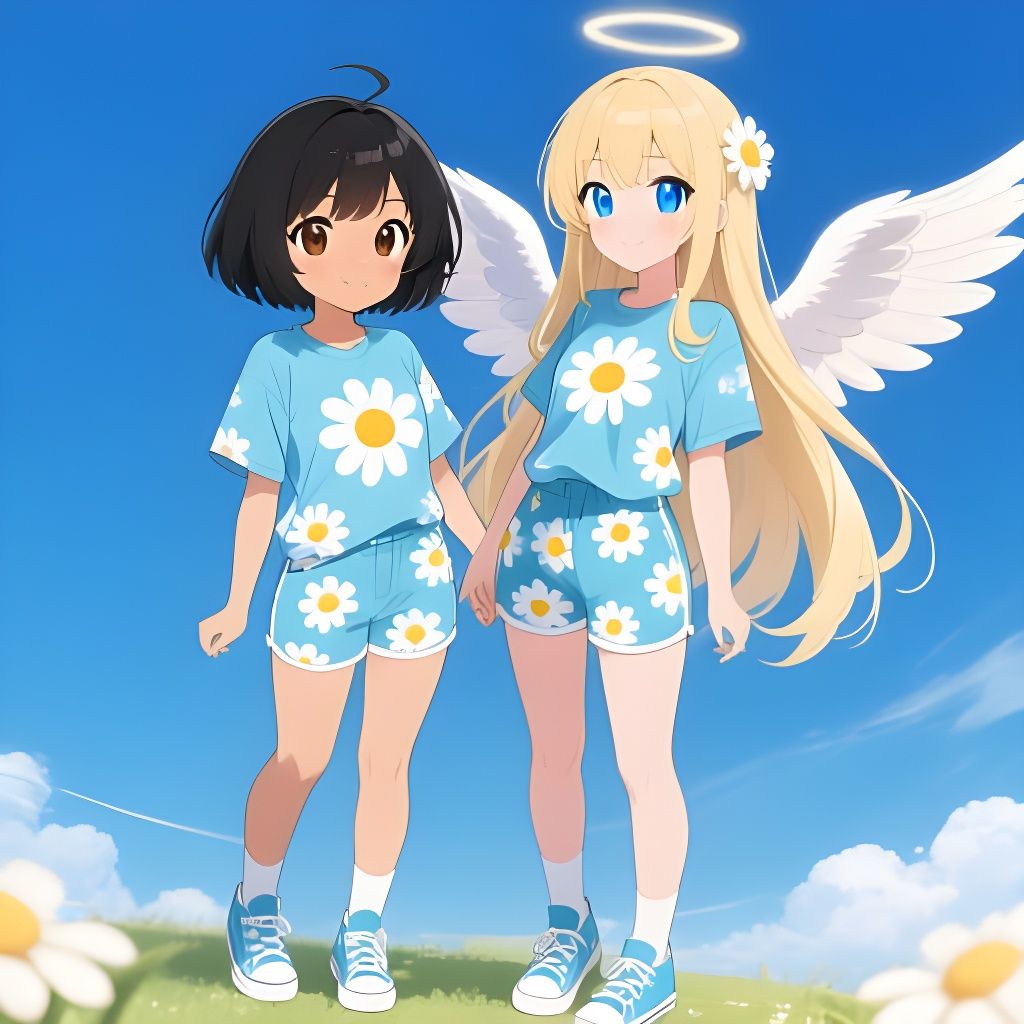 Anime Style: Two Women in Daisy Outfits with Angelic Wings