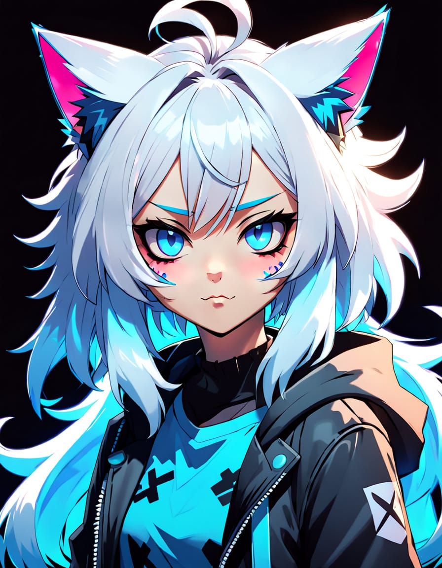Sassy Punk Catgirl with white hair and blue eyes #2